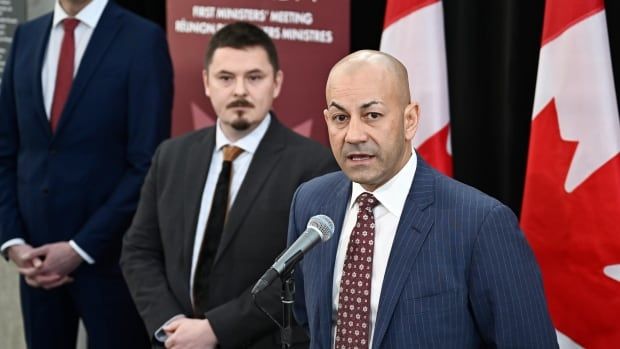 A man in a suit speaks at a microphone, while two other men look on. There are two Canadian flags behind them. 