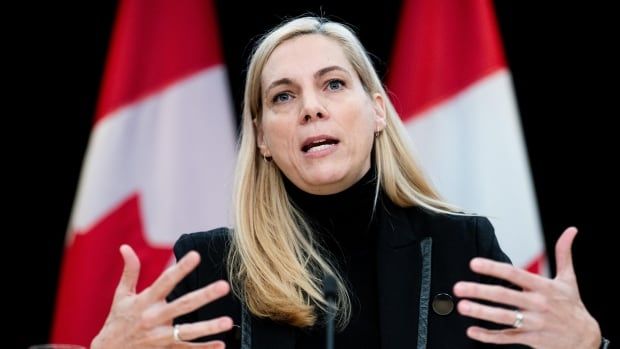 Minister of Canadian Heritage Pascale St-Onge speaks during a press conference at the National Press Theatre in Ottawa, on Thursday, Feb. 20, 2025.