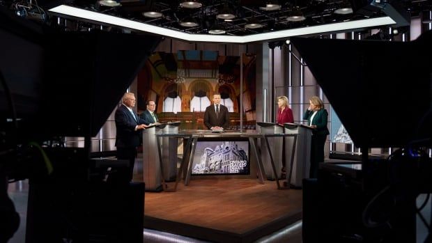 Progressive Conservative Leader Doug Ford, Green Party Leader Mike Schreiner, Liberal Leader Bonnie Crombie, and NDP Leader Marit Stiles are pictured during an Ontario leaders' debate, in Toronto, on Feb. 17, 2025.