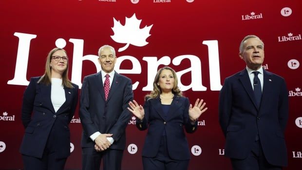 Liberal Party of Canada leadership candidates Karina Gould, Frank Baylis, Chrystia Freeland and Mark Carney pose prior to the English-language Liberal Leadership debate in Montreal on Tuesday, Feb. 25, 2025. The Federal Liberals will pick a new leader on March 9.