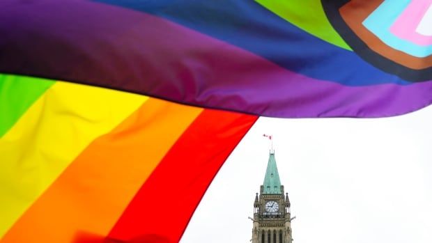 A Pride flag flies on Parliament Hill in Ottawa on Thursday, June 8, 2023, during a Pride event.