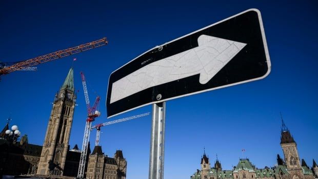 A one way sign is show in front of Centre Block on Parliament Hill.