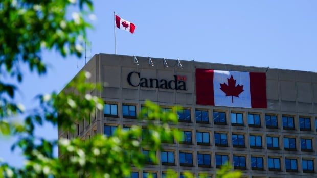 A large, beige building is seen past some tree branches. A Canada flag is hung on the exterior and another is on a pole on top.