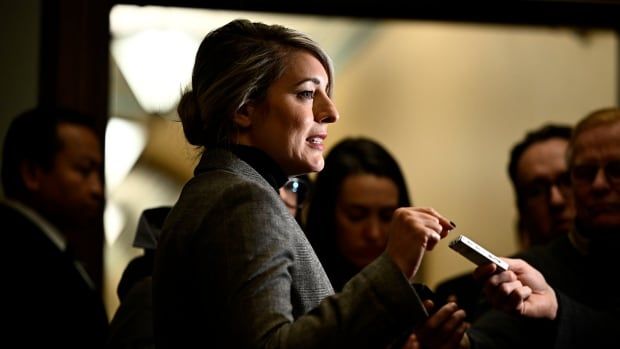 Minister of Foreign Affairs Melanie Joly answers questions from journalists before a meeting of the Liberal caucus in West Block on Parliament Hill in Ottawa, on Thursday, Jan. 23, 2025.