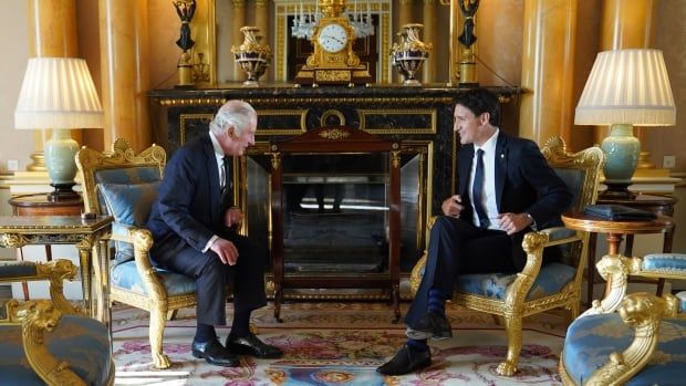 King Charles with Trudeau at Buckingham Palace during a visit.