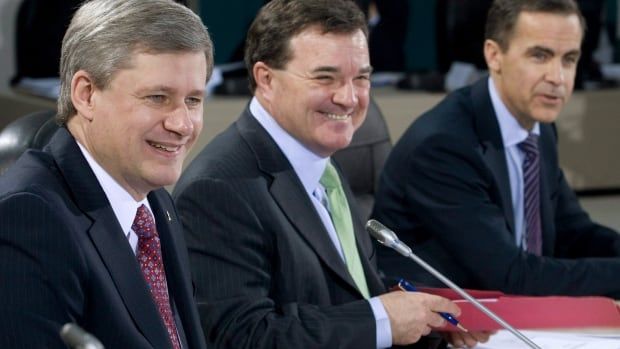 Prime Minister Stephen Harper, Minister of Finance Jim Flaherty and Bank of Canada Governor Mark Carney wait for the morning sesssion to begin at the First Ministers meeting in Ottawa Friday, Jan.16, 2009. 