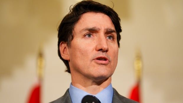 Prime Minister Justin Trudeau holds a press conference at Canada House in London on Sunday, March 2, 2025.