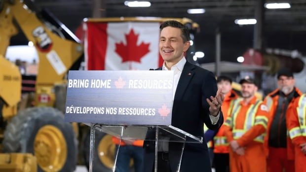 Conservative Leader Pierre Poilievre addresses the crowd at Pioneer Construction in Sudbury, Ont. on Wednesday March 19, 2025.