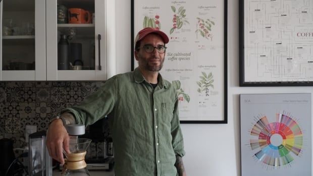 A man in an olive-green button-up and red cap and glasses leans against a specialty coffee machine. Behind him are several framed coffee posters.