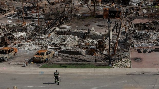 A worker walks through the wreckage of a devastated neighbourhood.