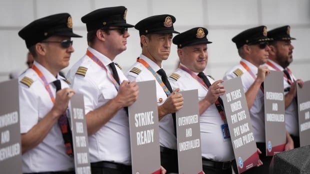 Several men wearing uniforms and dark caps hold signs during a labour demonstration.