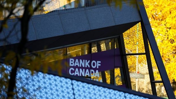  Bank of Canada signage is shown on a window of a building, with bright yellow fall foliage of trees in the background.