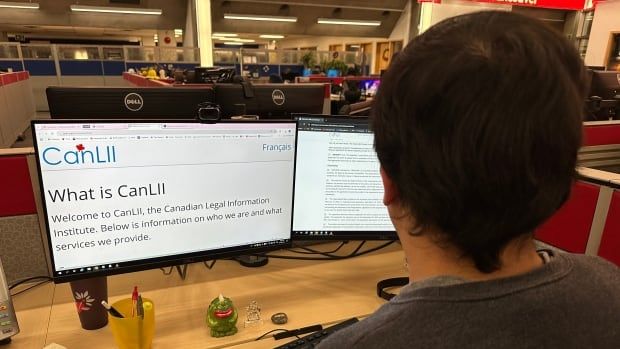 A person looks at a computer screen which reads 'CanLII' and 'Welcome to CanLII, the Canadian Legal Information Institute. Below is information on who we are and what services we provide'.