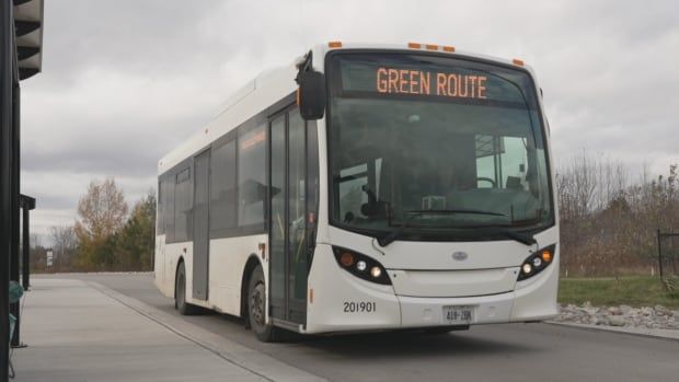 A white city bus with black windows sits at a bus station with trees in the background. A sign above the windsheild says green route.   