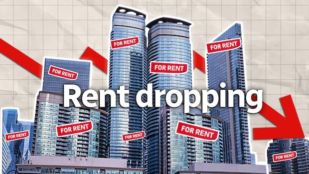 Skyscrapers covered in "For Rent" signs with a red downward arrow. Large text says "Rent dropping" symbolizing decreasing rental prices.