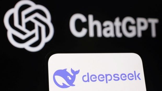 A phone with the DeepSeek logo displayed is seen in front of the ChatGPT logo. 