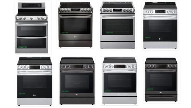 Eight stoves are shown, four in a row on top and four in a row on bottom. They are shown floating on a white background. 