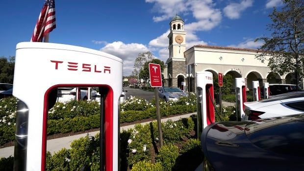 Tesla's white and red EV chargers are seen in front of an American flag. 