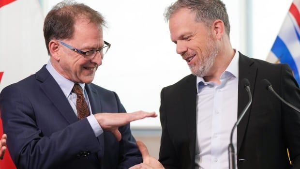 A man with glasses and another man with grey hair and a grey beard smile and shake hands.