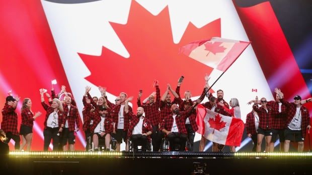 Members of Canada's Invictus Team attend the Opening Ceremony at Merkur Spiel-Arena during the Invictus Games Düsseldorf 2023 on September 09, 2023 in Dusseldorf, Germany. 