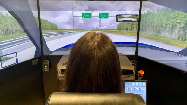 A photo showing a person seated in an arcade-like car seat in front of three large computer screens showing a virtual highway.