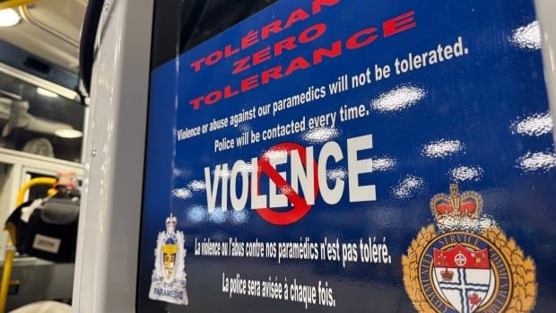 A sign, which describes a zero-tolerance policy of violence or abuse against paramedics, is displayed on every ambulance door in the Ottawa Paramedic Service fleet.  