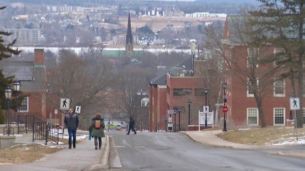 Students walking on campus with buildings and a street in the background, and the Saint John River and the north side of Fredericton far off in the distance. 