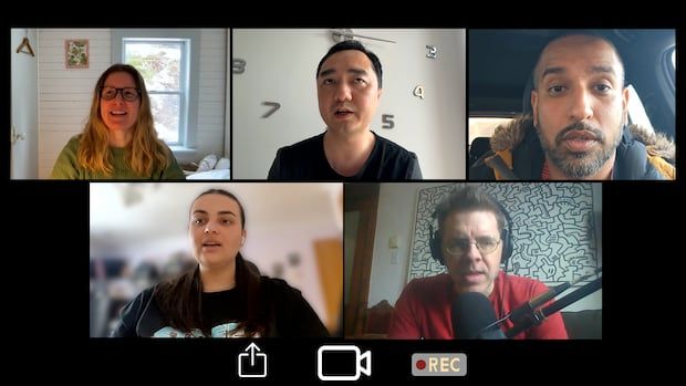 Screen shot of five people in a video call-looking background.