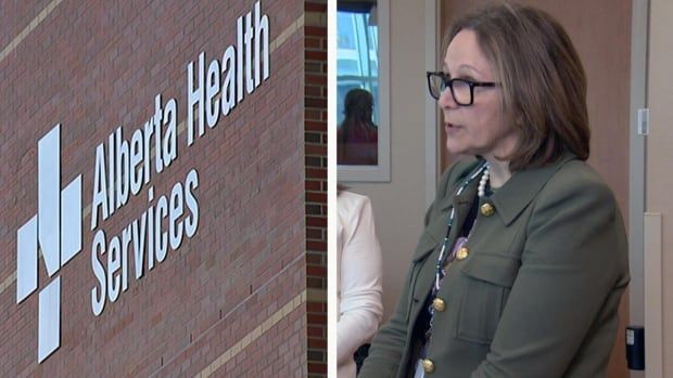 A composite photo. On the left, a building sign that reads Alberta Health Services. On the right, a woman wearing a green blazer is speaking.