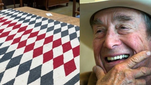 A rug is pictured on the left and a man wearing a cowboy hat is pictured on the right.