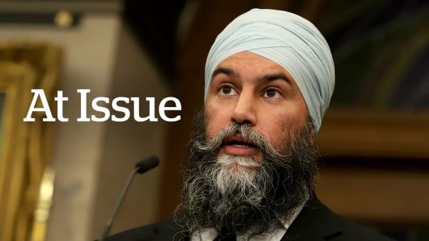 NDP Leader Jagmeet Singh stands in the foyer of the House of Commons, in an image with the words, 'At Issue' overlaid on top.