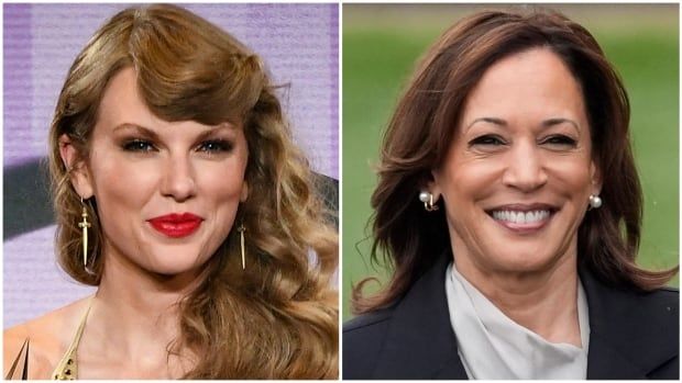 Headshots of Taylor Swift and Kamala Harris, both smiling