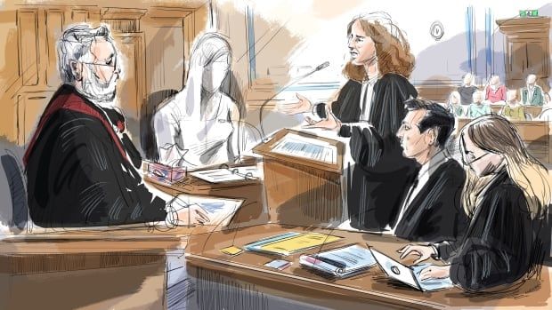 A court room sketch of lawyers and a whited-out figure is seen. 