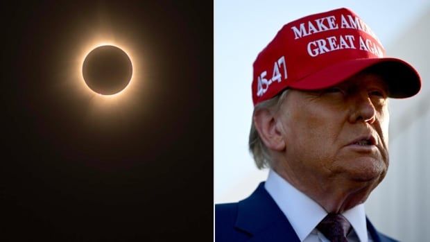 A solar eclipse and a man shown in a red hat are shown. 