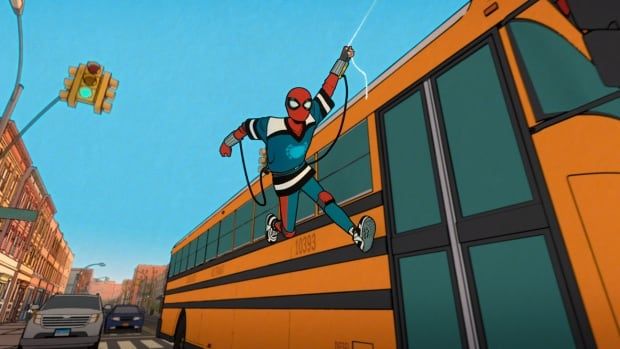 A cartoon version of Spider-Man is pictured slinging on a web. 