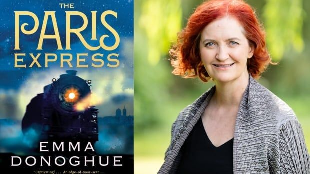 A composite image that shows a book cover with the front of a train against a starry sky on the left and a headshot photo of a woman with a short red bob hair on the right. 