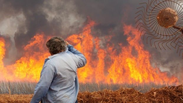 A person stands in a field, facing away from the camera, looking at a massive wall of bright orange flames and thick black smoke. 