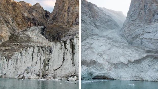 A split screen image showing a mountain before and after its tip collapsed, falling into the water seen in the foreground.