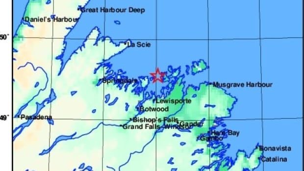 A map of Newfoundland has a star in the ocean.