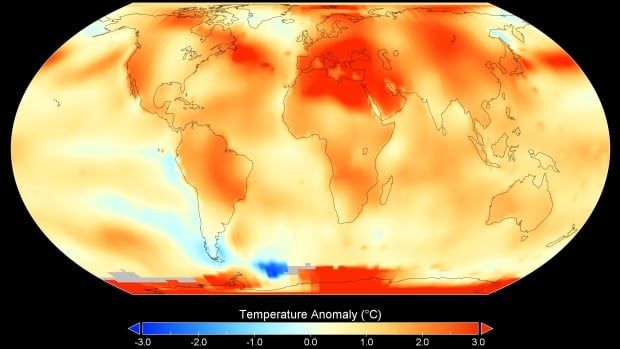 A map of the world shows hotter areas in red, milder regions in orange, and cooler temperatures in blue.