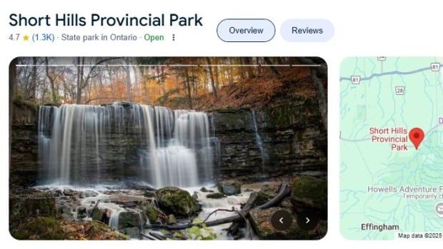 A Google maps listing for Shorthills Provincial Park in Ontario shows an image of a waterfall. In small print it lists the location as a "state park."