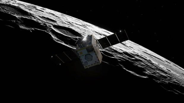 An artist depiction shows a rectangular shape with two wing-like rectangles sticking out from its sides orbiting around the Moon. 