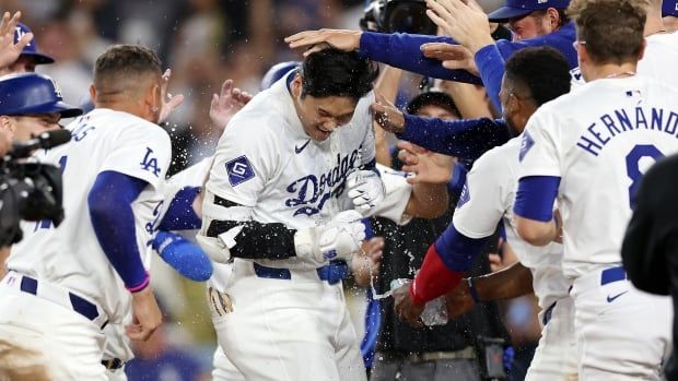 A male baseball player is seen celebrating with teammates.