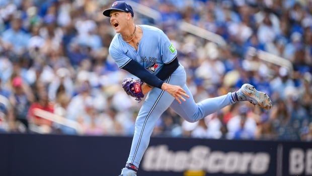 Toronto Blue Jays male pitcher throws a pitch.