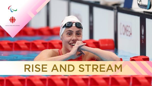 Para swimmer Aurelie Rivard smiling in pool with text "Rise and stream"