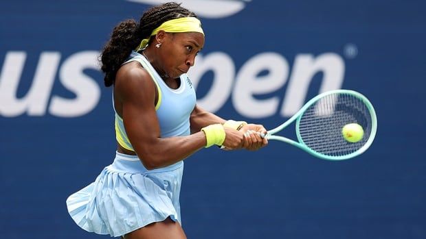 American women's tennis player Coco Gauff returns a shot against Elina Svitolina of Ukraine during their U.S. third-round singles match at USTA Billie Jean King National Tennis Center on Aug. 30, 2024 in New York.