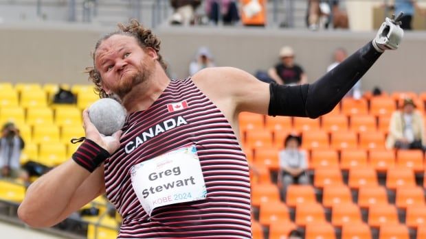 A shot-put athlete prepares to throw.