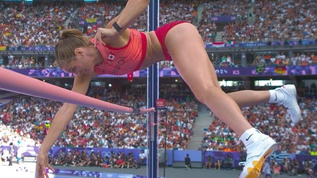 Canadian athlete Alysha Newman competes in women's pole vault qualification at the Paris Olympics on Aug. 5, 2024.