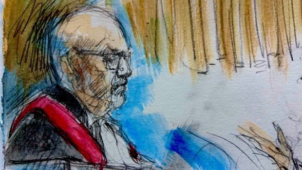 A court sketch of Justice Bruce Thomas. 