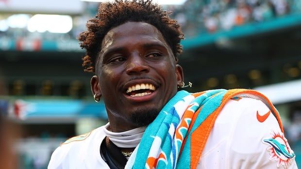 Miami Dolphins wide receiver Tyreek Hill reacts after his team's 20-17 win over the Jacksonville Jaguars at Hard Rock Stadium on Sept. 08, 2024 in Miami Gardens, Florida. 